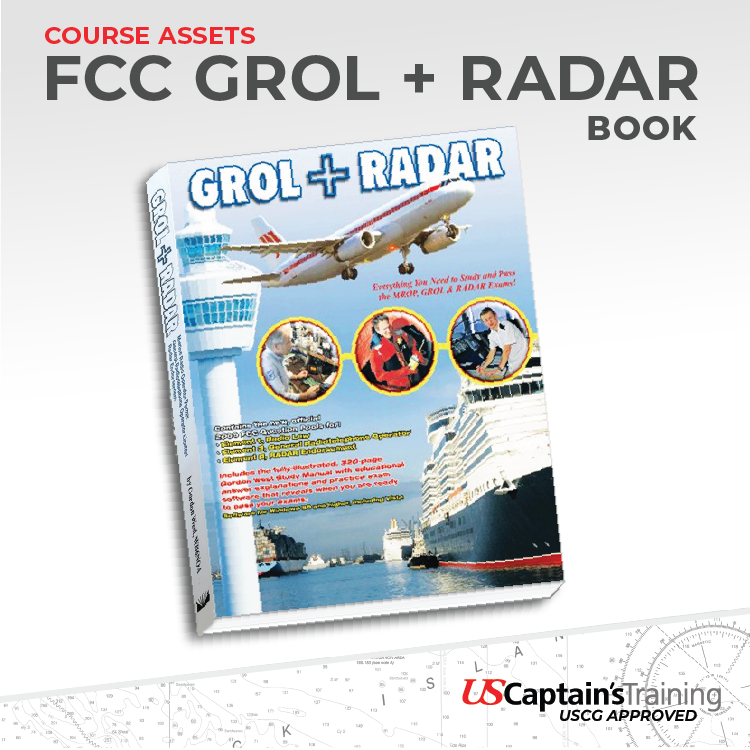 Cover of the GROL+RADAR study manual textbook by Gordon West, featuring FCC commercial radio licensing exam preparation for Elements 1, 3, and 8, including radar endorsement questions and illustrations.
